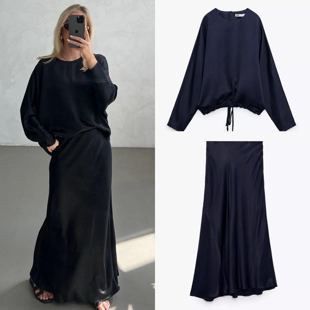 💫 Zara 2 Piece Satin Effect Blouse & Midi Skirt - NEW 💫